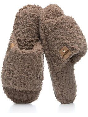 Women's Brown Memory Foam Open Toe Soft Faux Fur Non Slip Washable Slippers